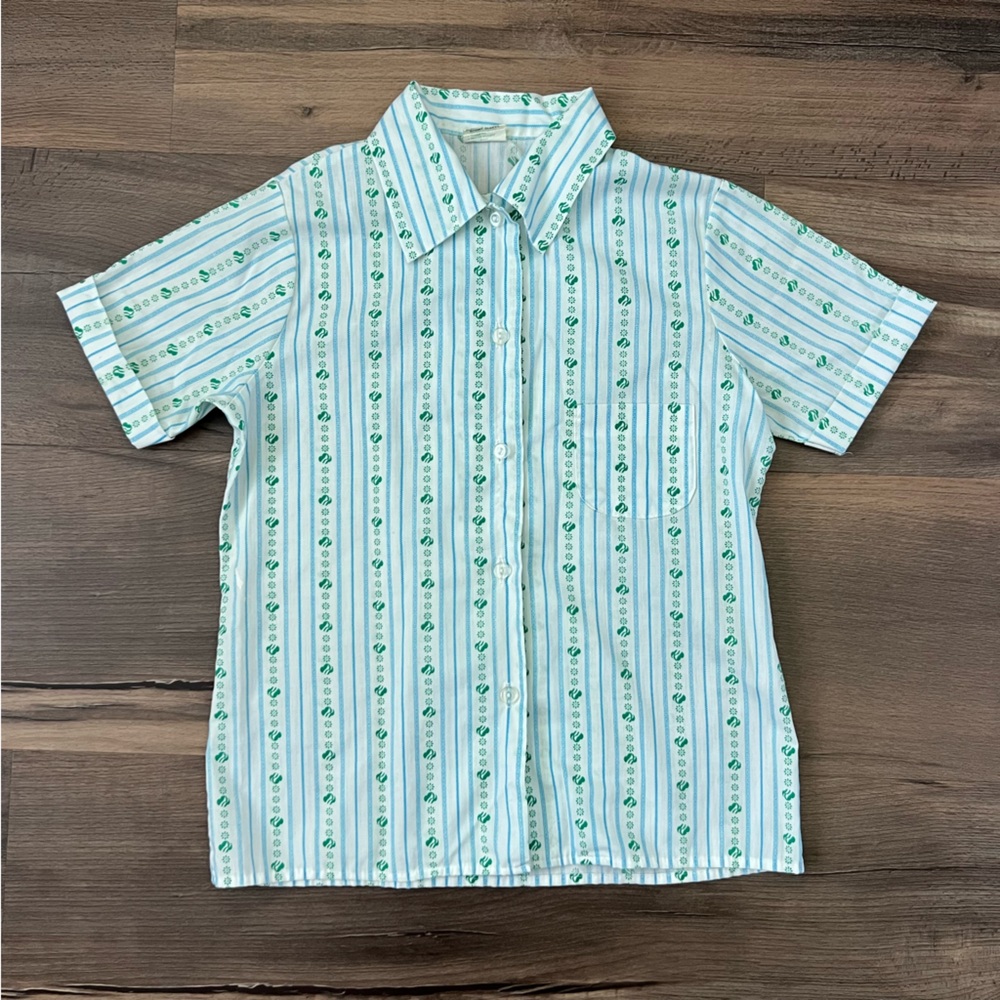 Vintage Girl Scouts White Button Down Short Sleeve Green Striped Shirt - Size 12